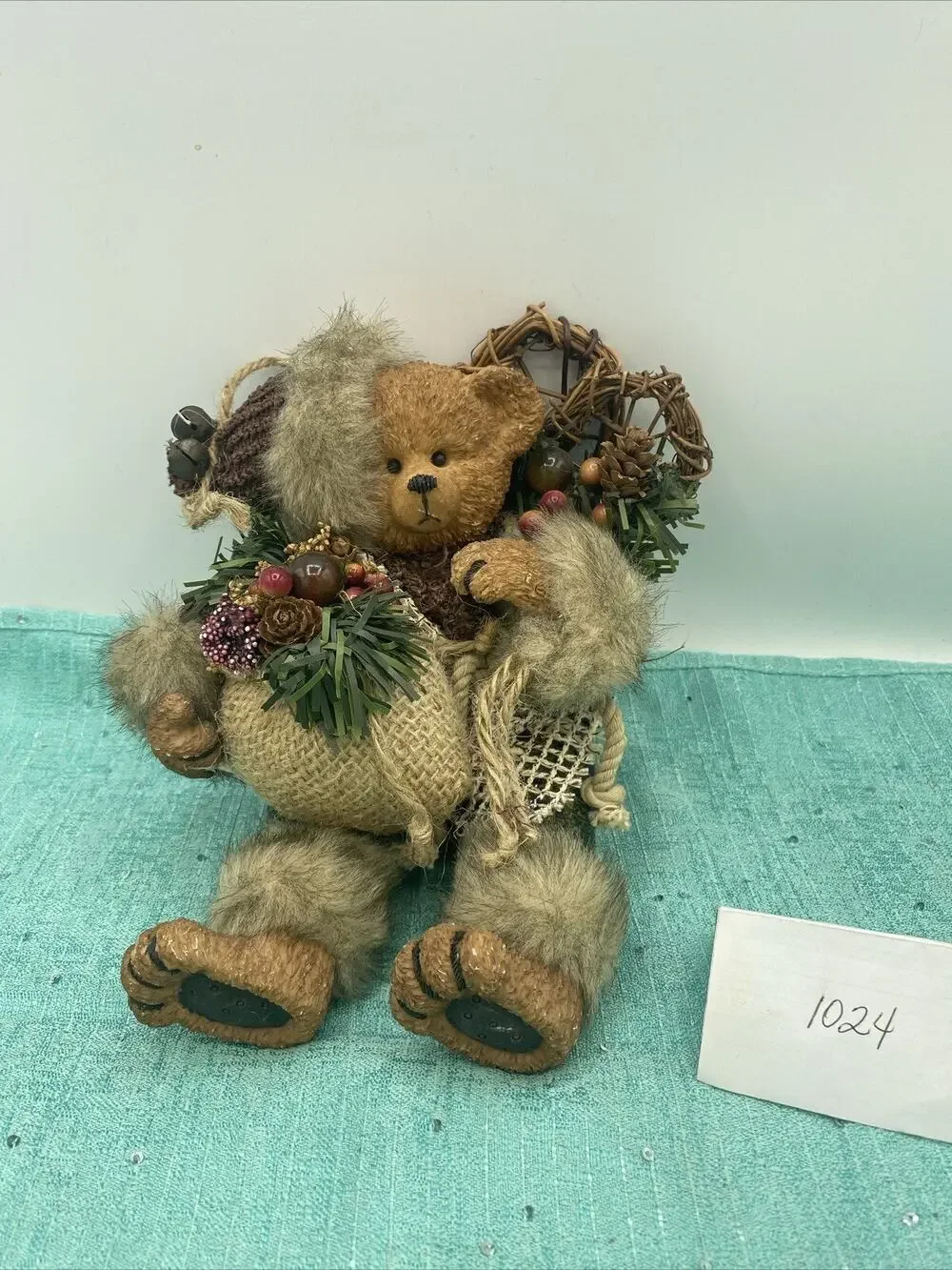 Vtg Bear Figurine Dressed for Winter With Bag, And Skis, Wood Resin Cloth 6” Sit
